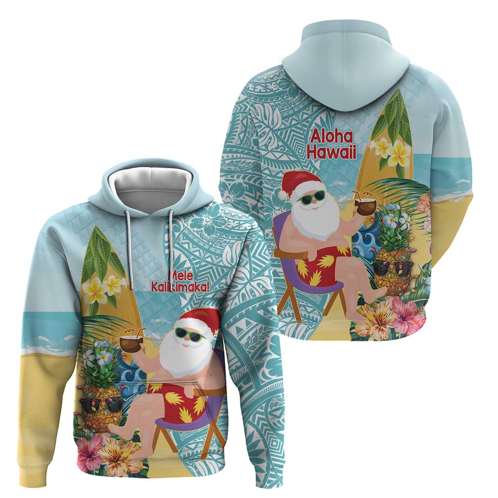 Aloha Hawaii Mele Kalikimaka Zip Hoodie Chilling Santa With Pineapple - Polynesian Pattern