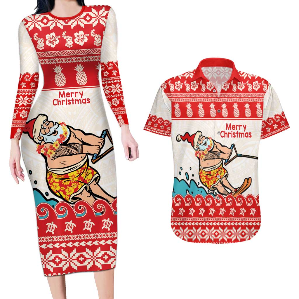 Mele Kalikimaka Hawaii Couples Matching Long Sleeve Bodycon Dress and Hawaiian Shirt Water-skiing Santa Tropical Vibes