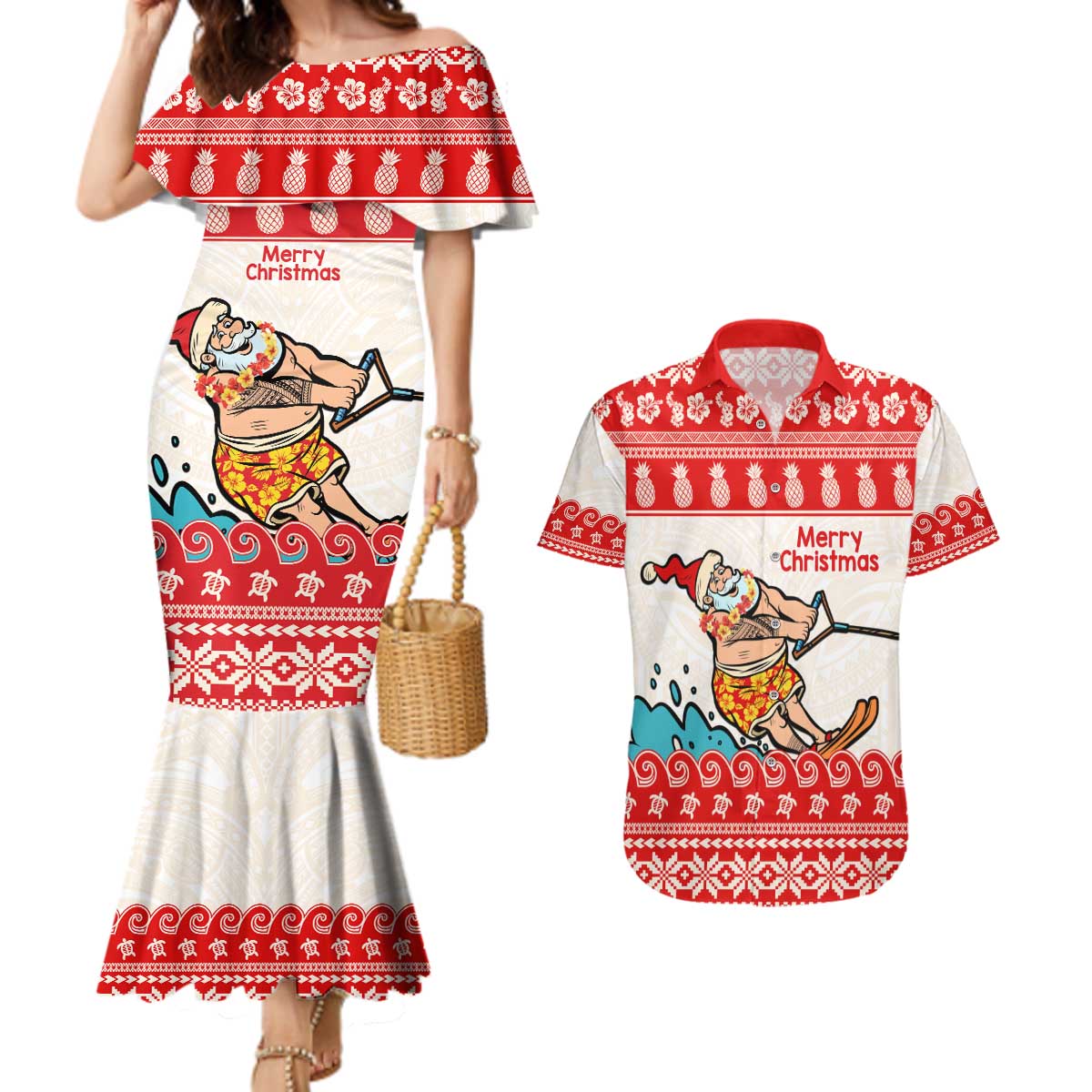 Mele Kalikimaka Hawaii Couples Matching Mermaid Dress and Hawaiian Shirt Water-skiing Santa Tropical Vibes