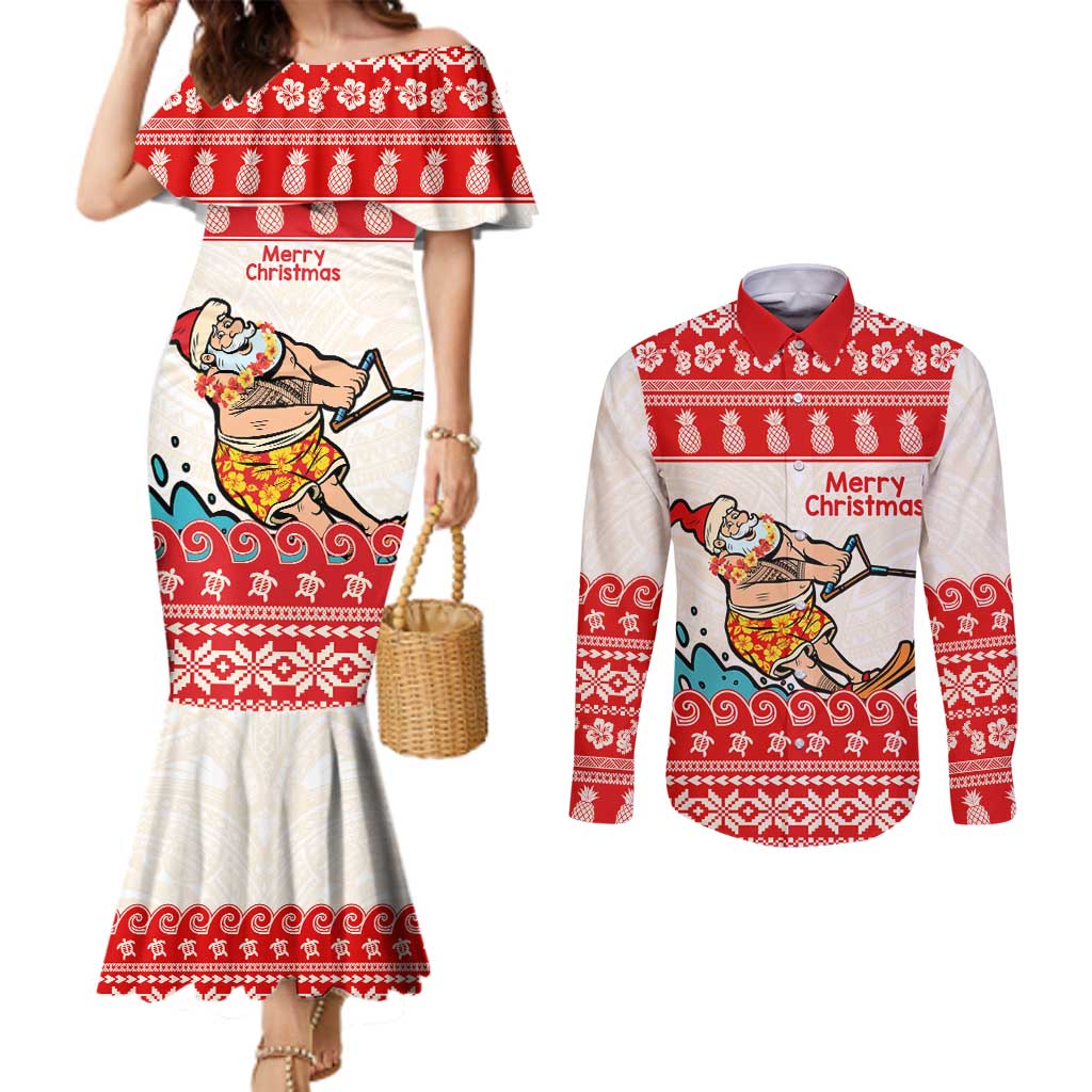 Mele Kalikimaka Hawaii Couples Matching Mermaid Dress and Long Sleeve Button Shirt Water-skiing Santa Tropical Vibes