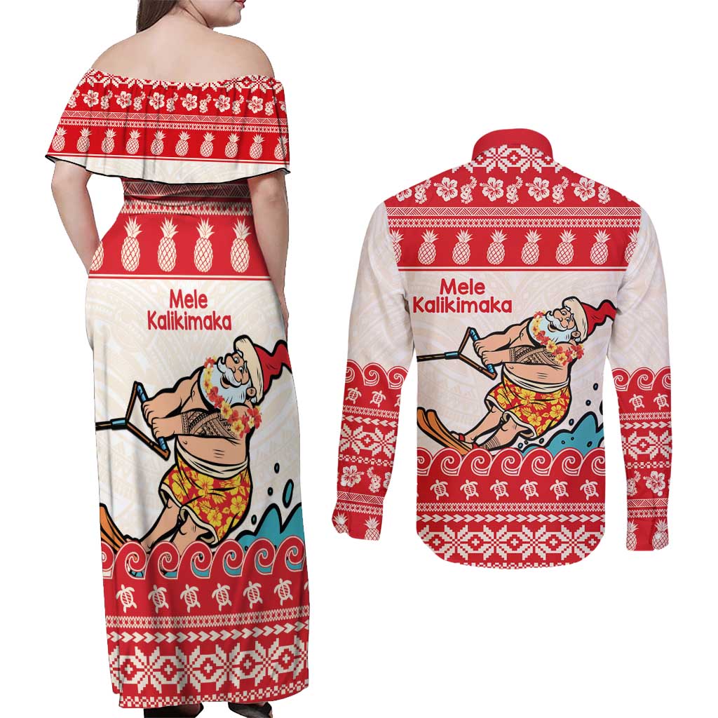 Mele Kalikimaka Hawaii Couples Matching Off Shoulder Maxi Dress and Long Sleeve Button Shirt Water-skiing Santa Tropical Vibes LT14 - Polynesian Pride