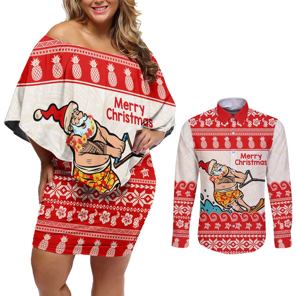 Mele Kalikimaka Hawaii Couples Matching Off Shoulder Short Dress and Long Sleeve Button Shirt Water-skiing Santa Tropical Vibes