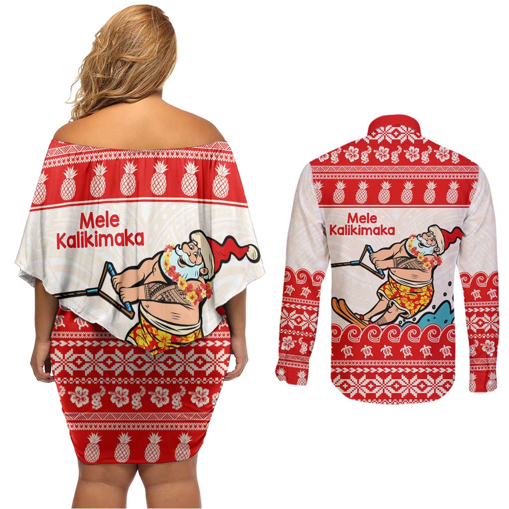 Mele Kalikimaka Hawaii Couples Matching Off Shoulder Short Dress and Long Sleeve Button Shirt Water-skiing Santa Tropical Vibes LT14 - Polynesian Pride