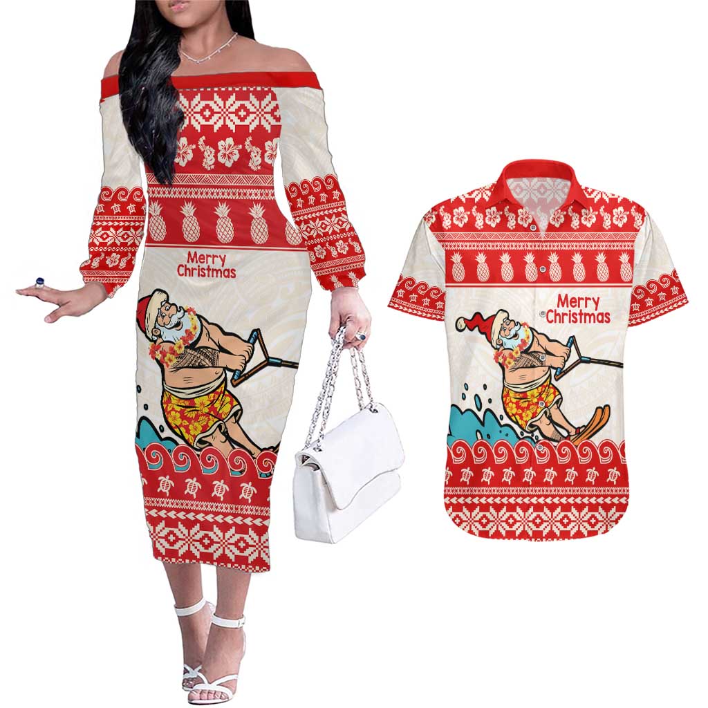 Mele Kalikimaka Hawaii Couples Matching Off The Shoulder Long Sleeve Dress and Hawaiian Shirt Water-skiing Santa Tropical Vibes