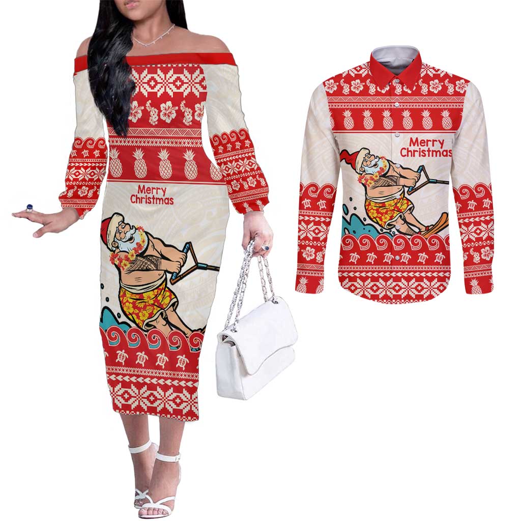 Mele Kalikimaka Hawaii Couples Matching Off The Shoulder Long Sleeve Dress and Long Sleeve Button Shirt Water-skiing Santa Tropical Vibes