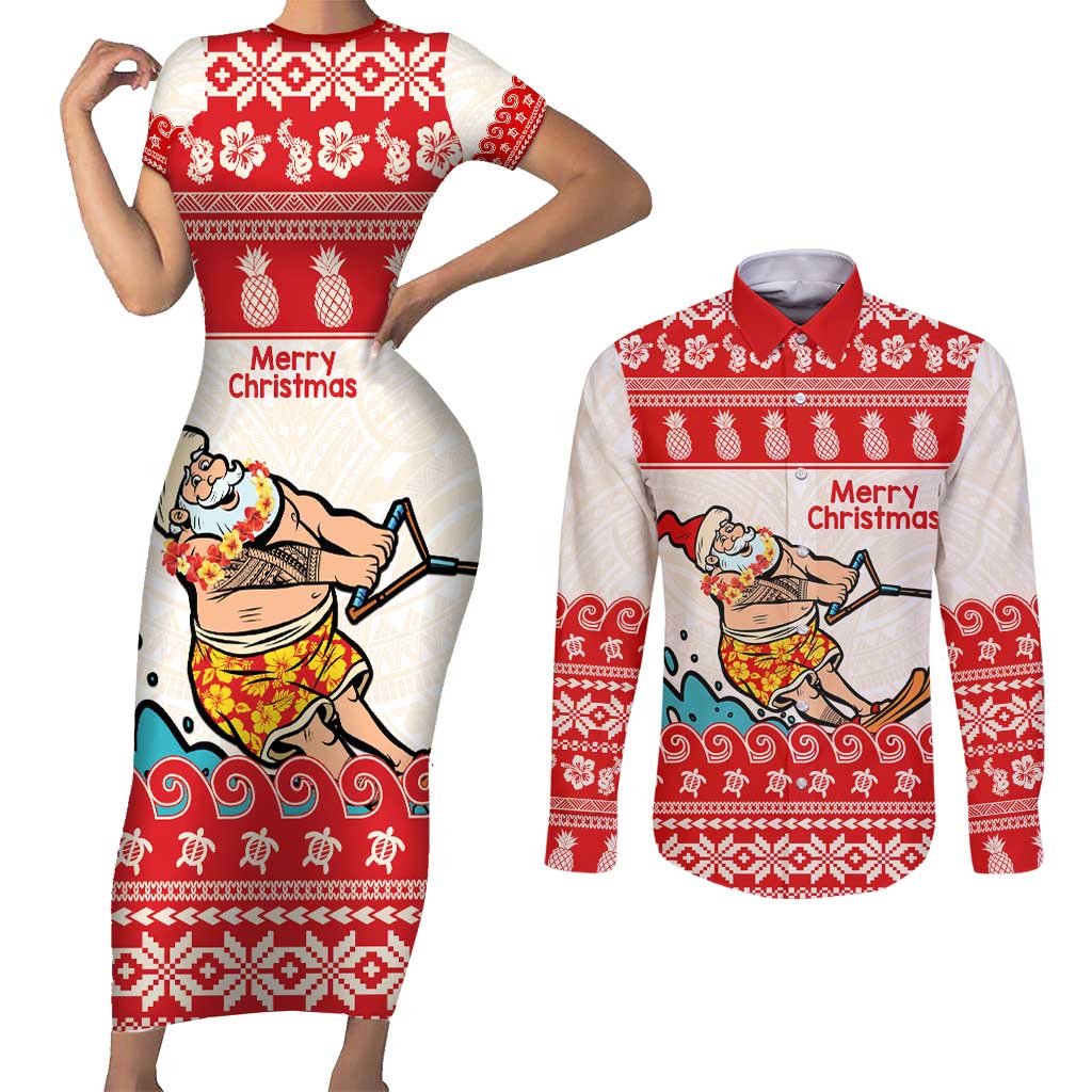 Mele Kalikimaka Hawaii Couples Matching Short Sleeve Bodycon Dress and Long Sleeve Button Shirt Water-skiing Santa Tropical Vibes