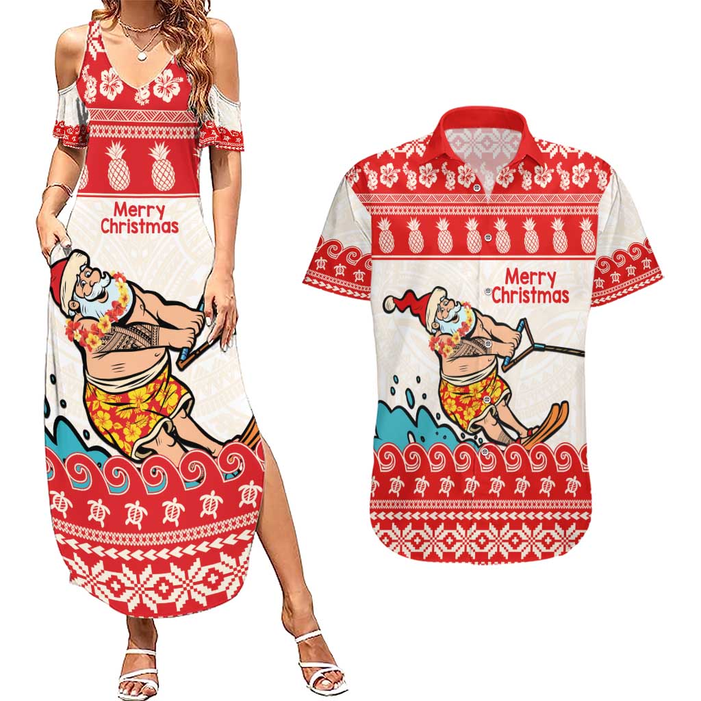 Mele Kalikimaka Hawaii Couples Matching Summer Maxi Dress and Hawaiian Shirt Water-skiing Santa Tropical Vibes