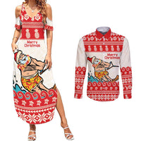 Mele Kalikimaka Hawaii Couples Matching Summer Maxi Dress and Long Sleeve Button Shirt Water-skiing Santa Tropical Vibes LT14 Red - Polynesian Pride