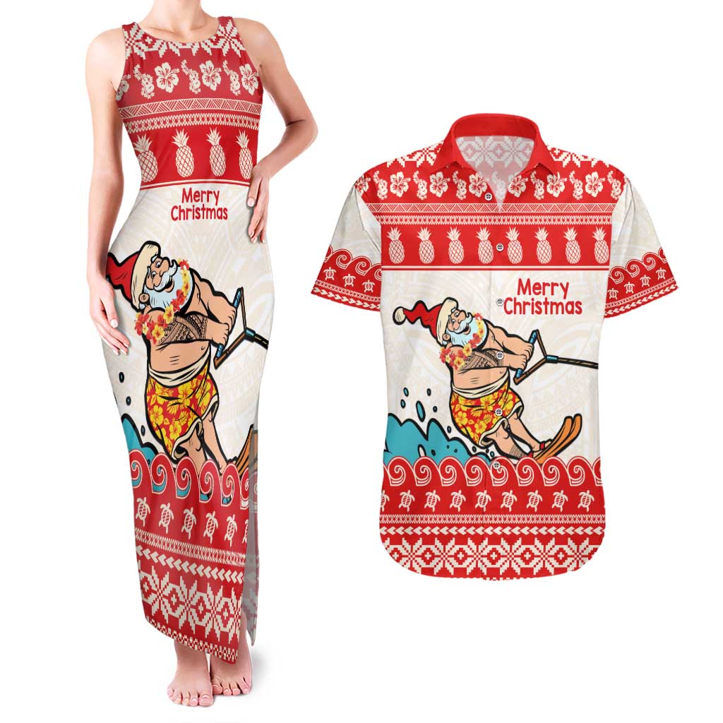 Mele Kalikimaka Hawaii Couples Matching Tank Maxi Dress and Hawaiian Shirt Water-skiing Santa Tropical Vibes