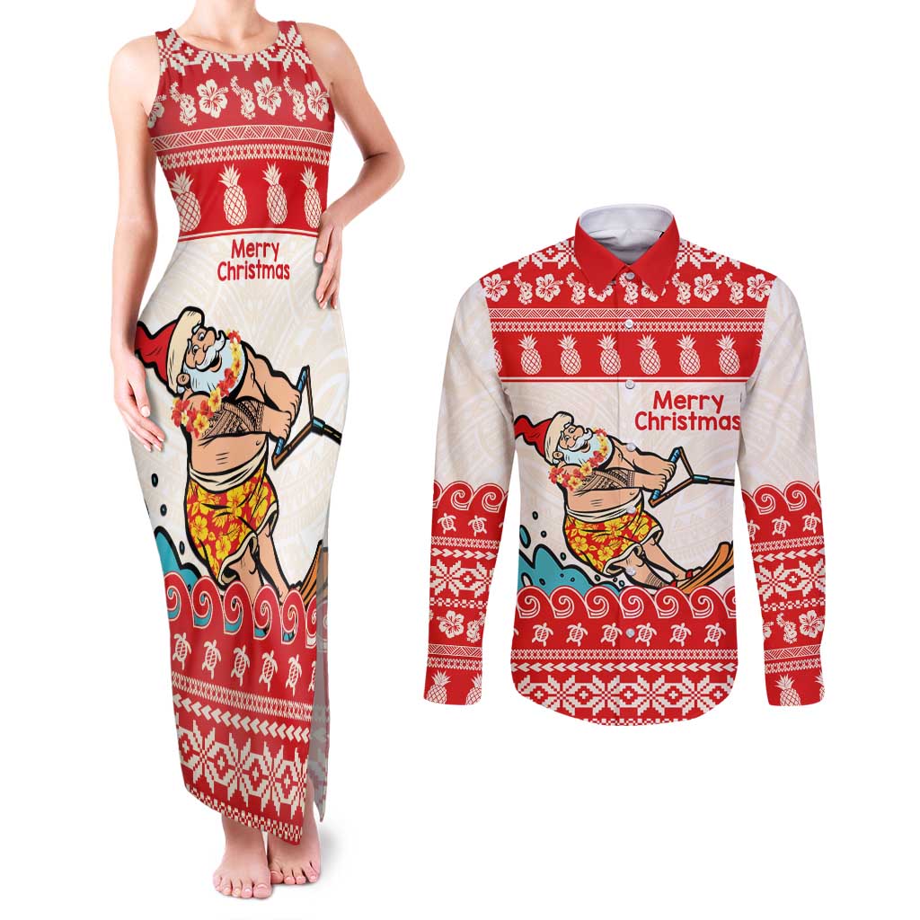 Mele Kalikimaka Hawaii Couples Matching Tank Maxi Dress and Long Sleeve Button Shirt Water-skiing Santa Tropical Vibes