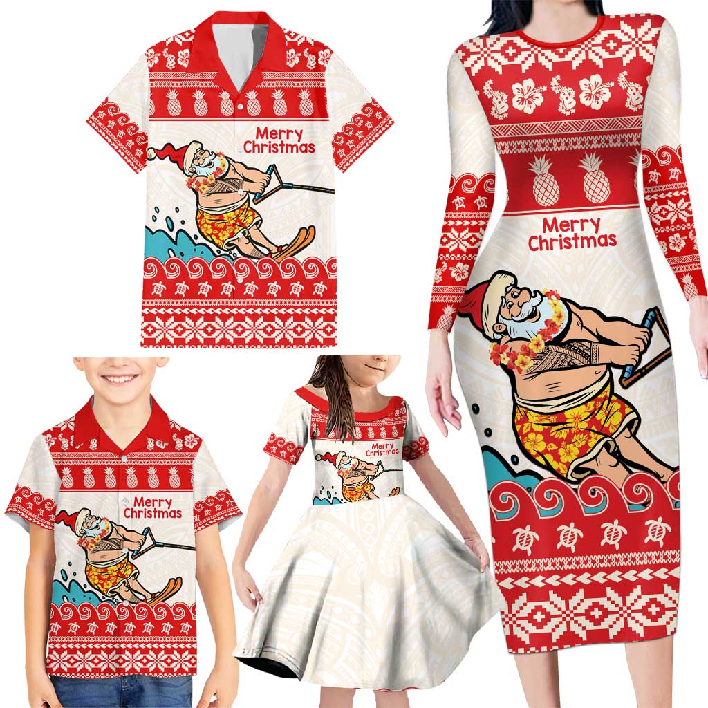 Mele Kalikimaka Hawaii Family Matching Long Sleeve Bodycon Dress and Hawaiian Shirt Water-skiing Santa Tropical Vibes