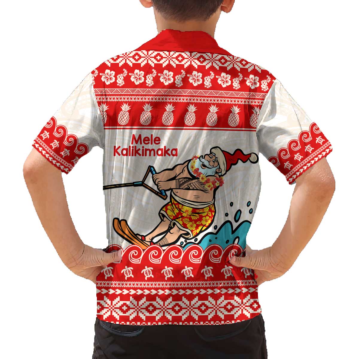 Mele Kalikimaka Hawaii Family Matching Off The Shoulder Long Sleeve Dress and Hawaiian Shirt Water-skiing Santa Tropical Vibes