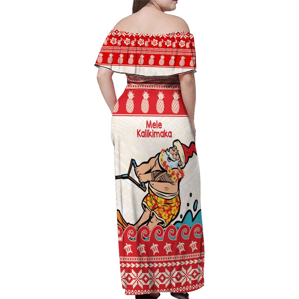 Mele Kalikimaka Hawaii Family Matching Off Shoulder Maxi Dress and Hawaiian Shirt Water-skiing Santa Tropical Vibes