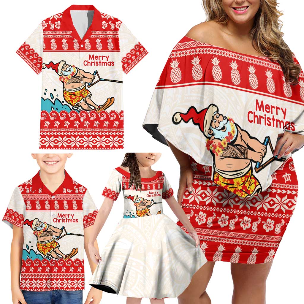 Mele Kalikimaka Hawaii Family Matching Off Shoulder Short Dress and Hawaiian Shirt Water-skiing Santa Tropical Vibes LT14 - Polynesian Pride
