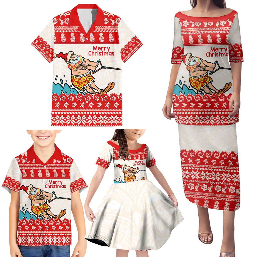 Mele Kalikimaka Hawaii Family Matching Puletasi and Hawaiian Shirt Water-skiing Santa Tropical Vibes