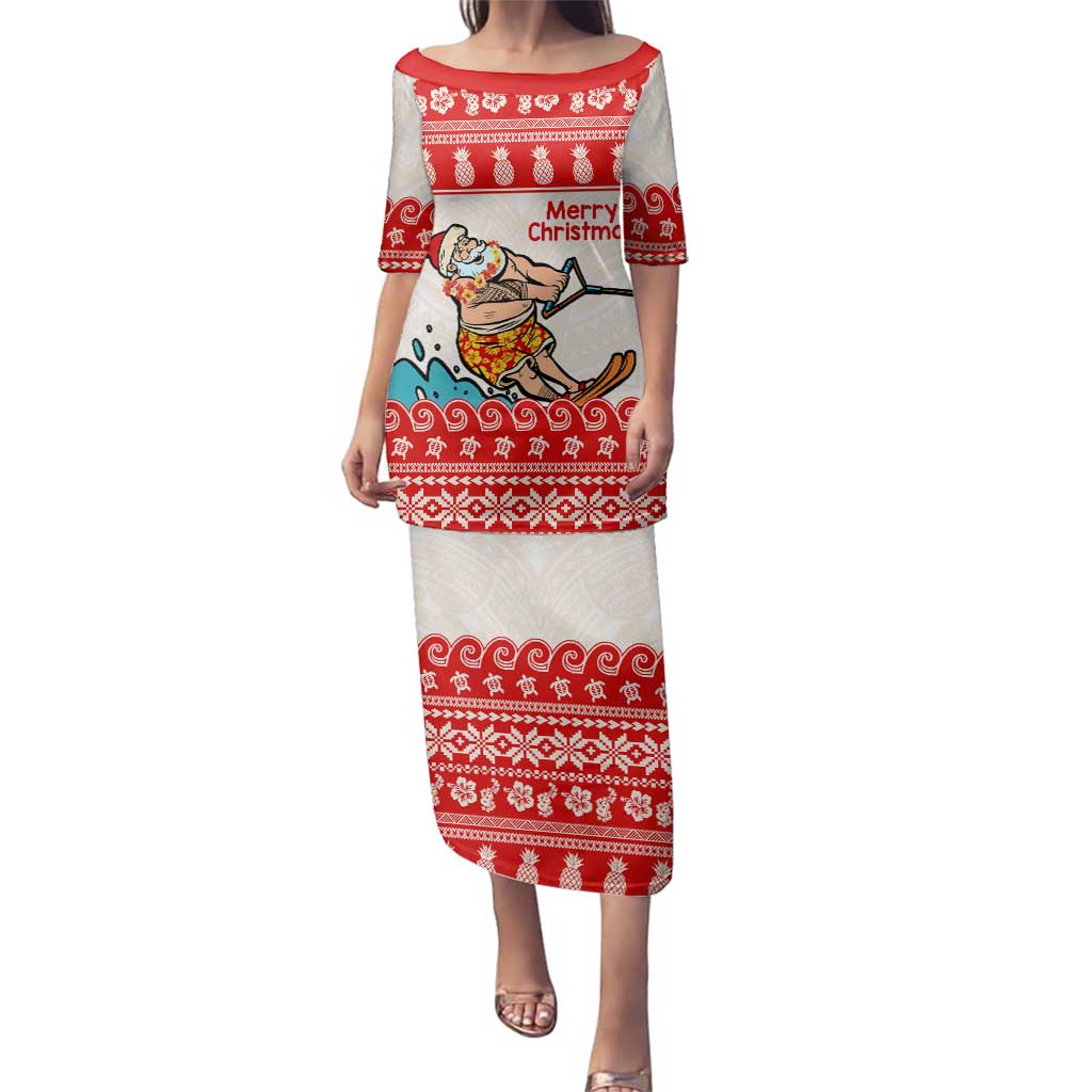 Mele Kalikimaka Hawaii Family Matching Puletasi and Hawaiian Shirt Water-skiing Santa Tropical Vibes