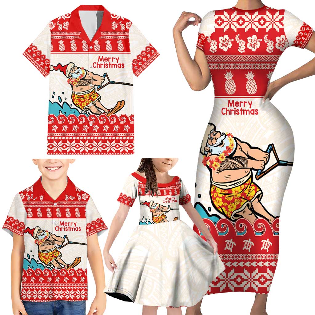 Mele Kalikimaka Hawaii Family Matching Short Sleeve Bodycon Dress and Hawaiian Shirt Water-skiing Santa Tropical Vibes LT14 - Polynesian Pride