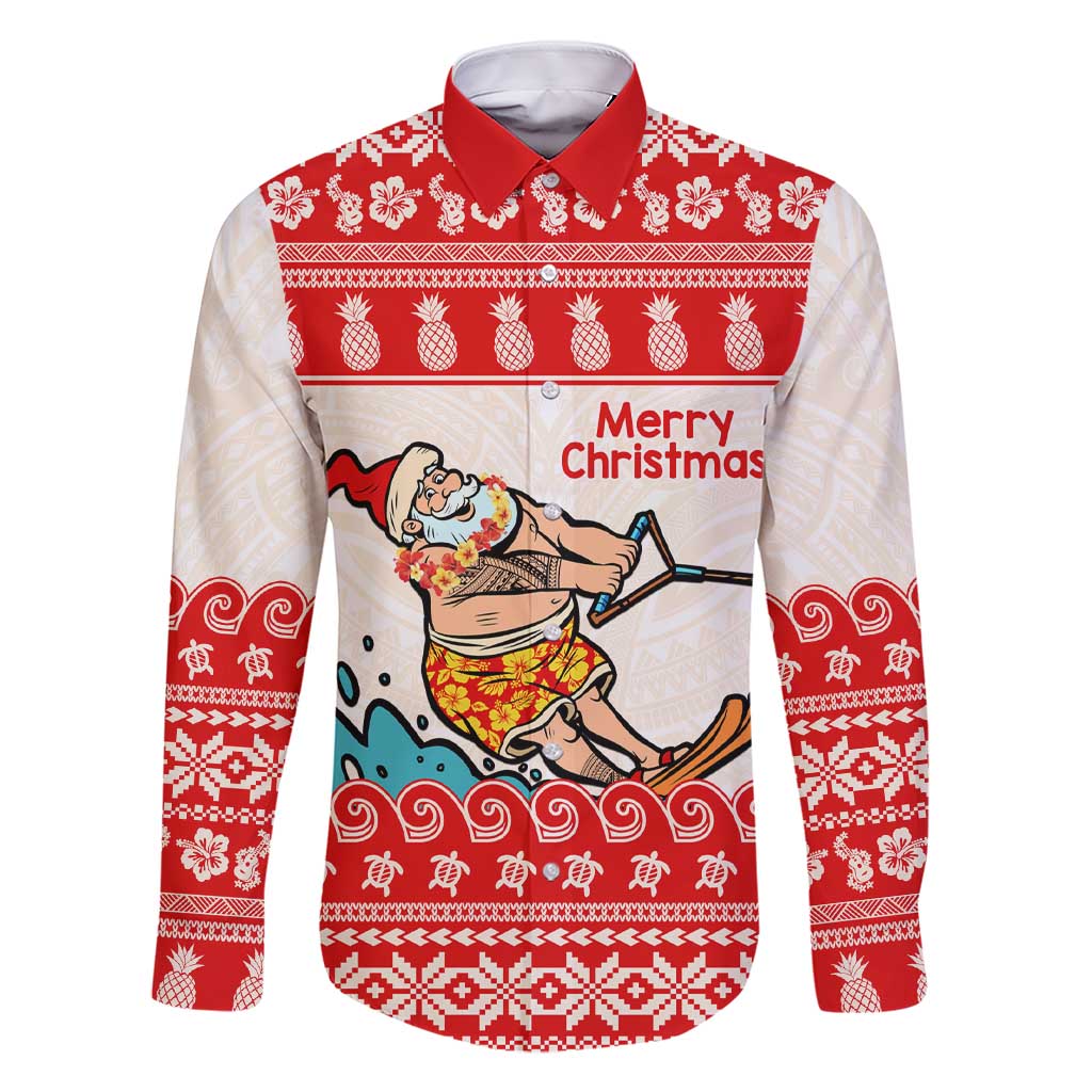Mele Kalikimaka Hawaii Family Matching Short Sleeve Bodycon Dress and Hawaiian Shirt Water-skiing Santa Tropical Vibes