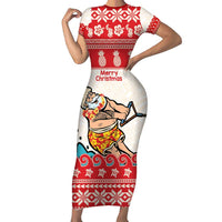 Mele Kalikimaka Hawaii Family Matching Short Sleeve Bodycon Dress and Hawaiian Shirt Water-skiing Santa Tropical Vibes