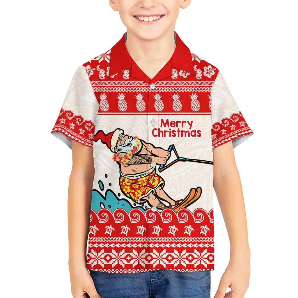Mele Kalikimaka Hawaii Family Matching Short Sleeve Bodycon Dress and Hawaiian Shirt Water-skiing Santa Tropical Vibes