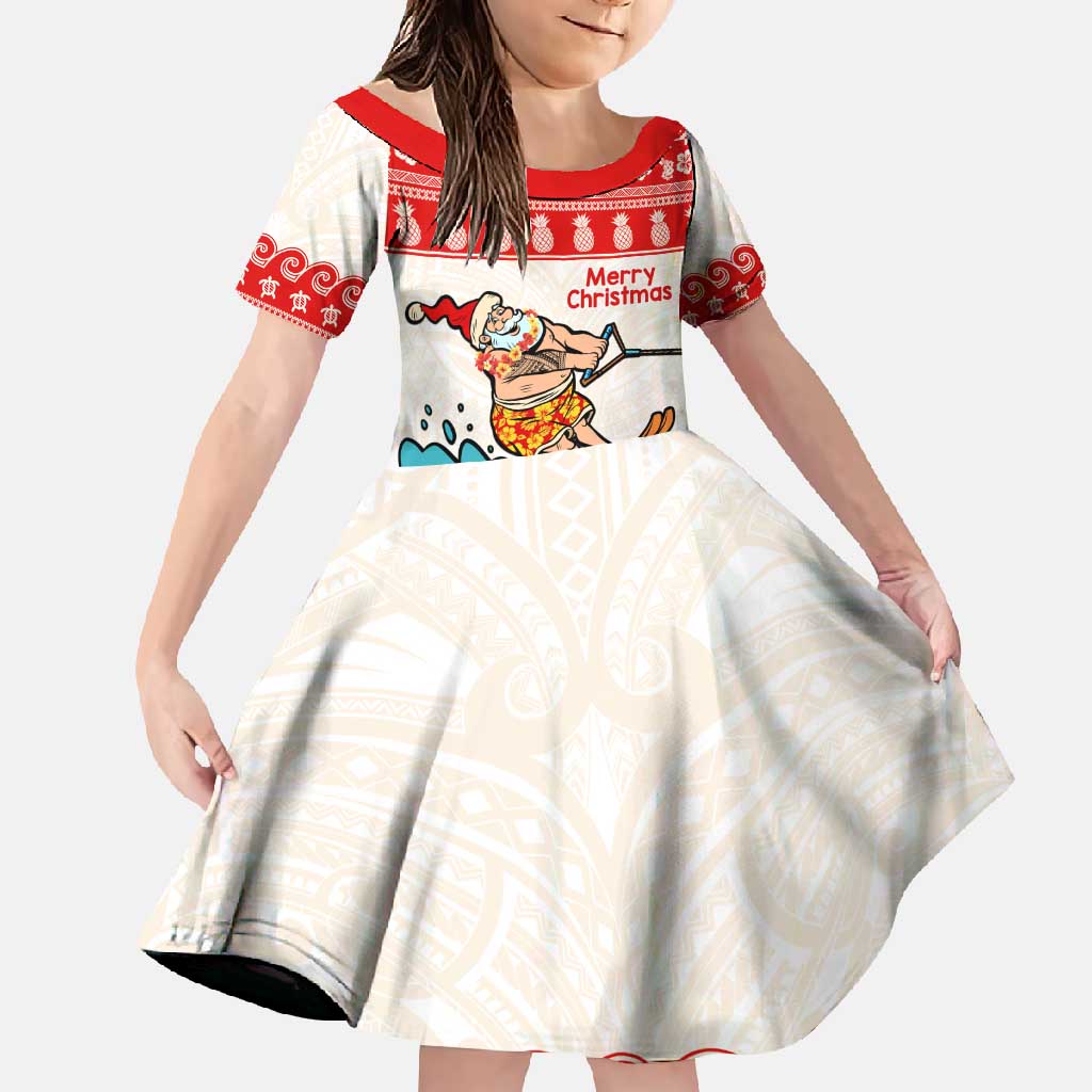 Mele Kalikimaka Hawaii Family Matching Summer Maxi Dress and Hawaiian Shirt Water-skiing Santa Tropical Vibes LT14 Daughter's Dress Red - Polynesian Pride