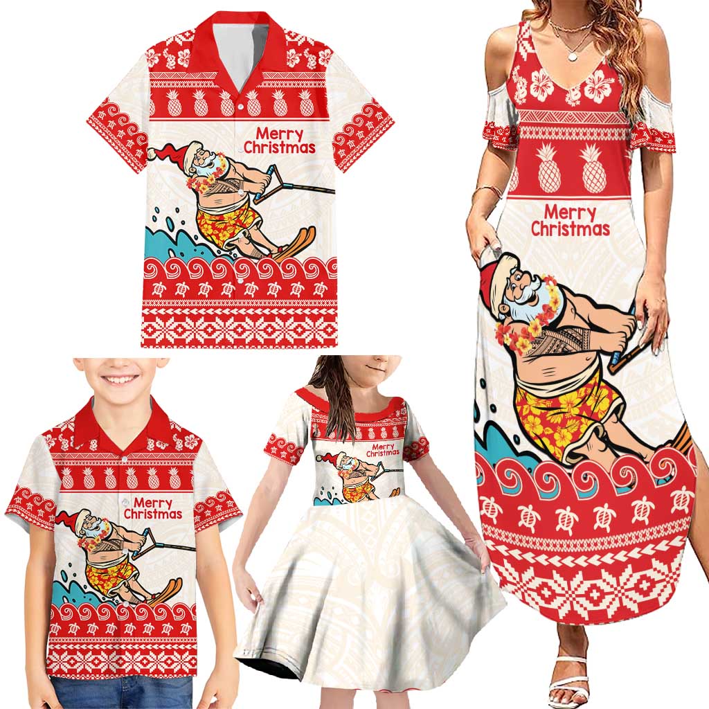 Mele Kalikimaka Hawaii Family Matching Summer Maxi Dress and Hawaiian Shirt Water-skiing Santa Tropical Vibes