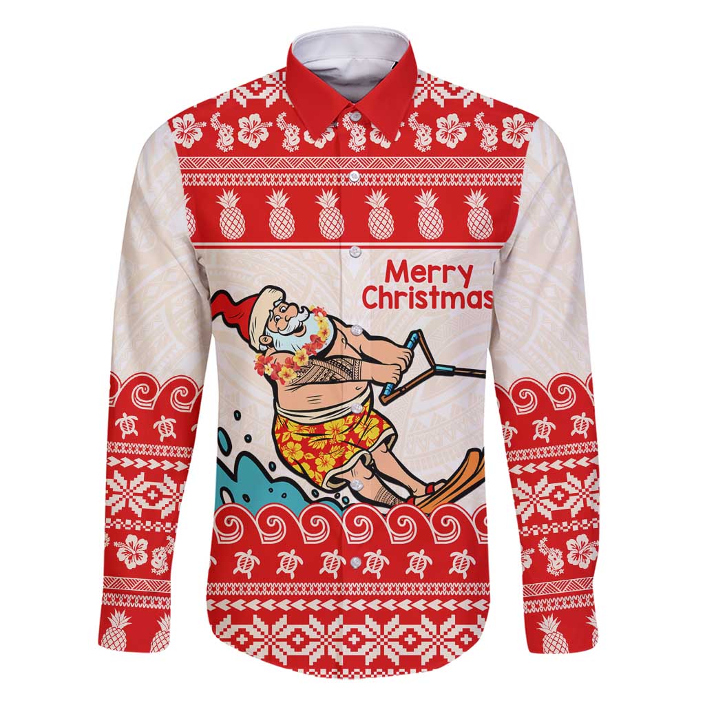 Mele Kalikimaka Hawaii Family Matching Summer Maxi Dress and Hawaiian Shirt Water-skiing Santa Tropical Vibes LT14 Dad's Shirt - Long Sleeve Red - Polynesian Pride