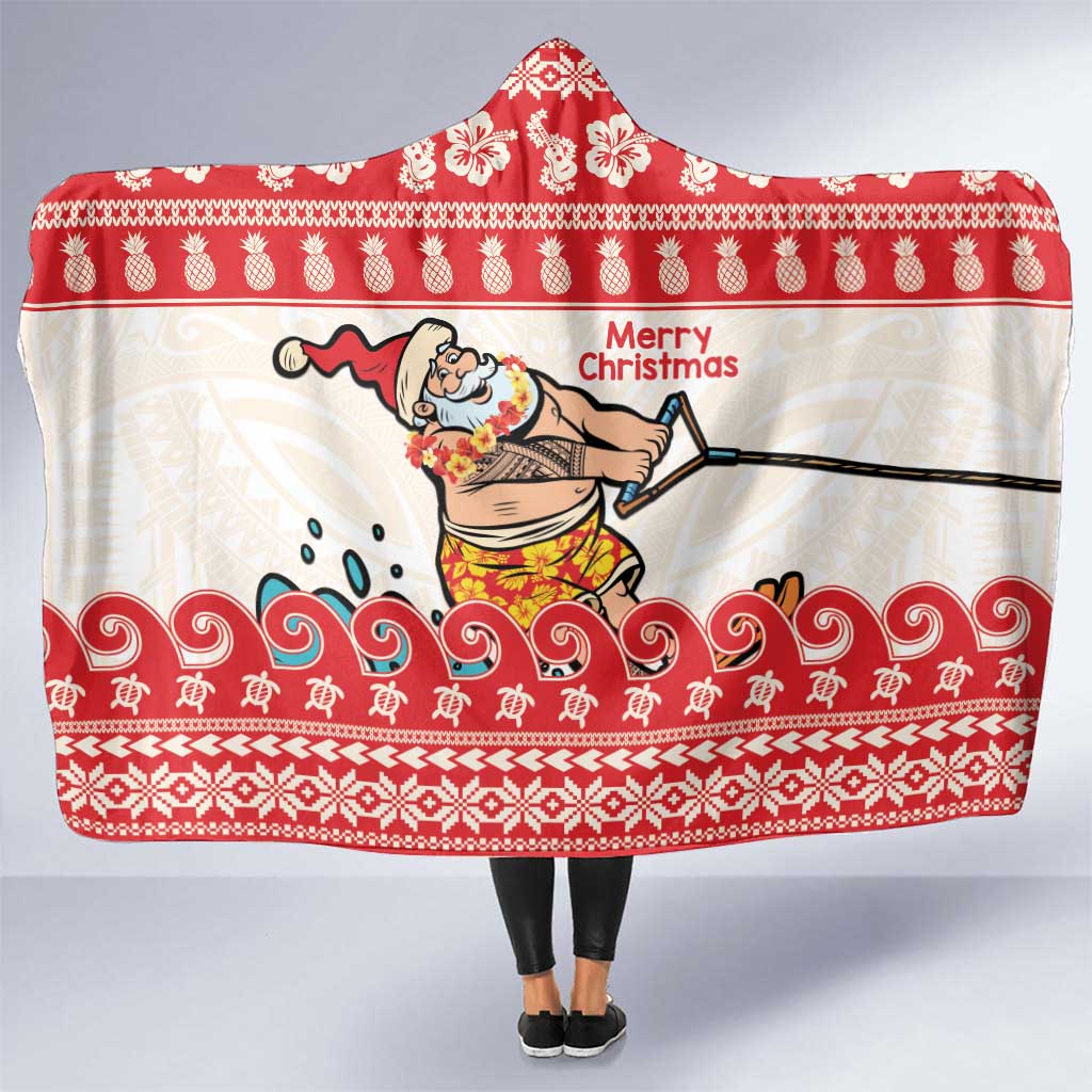 Mele Kalikimaka Hawaii Hooded Blanket Water-skiing Santa Tropical Vibes LT14 One Size Red - Polynesian Pride