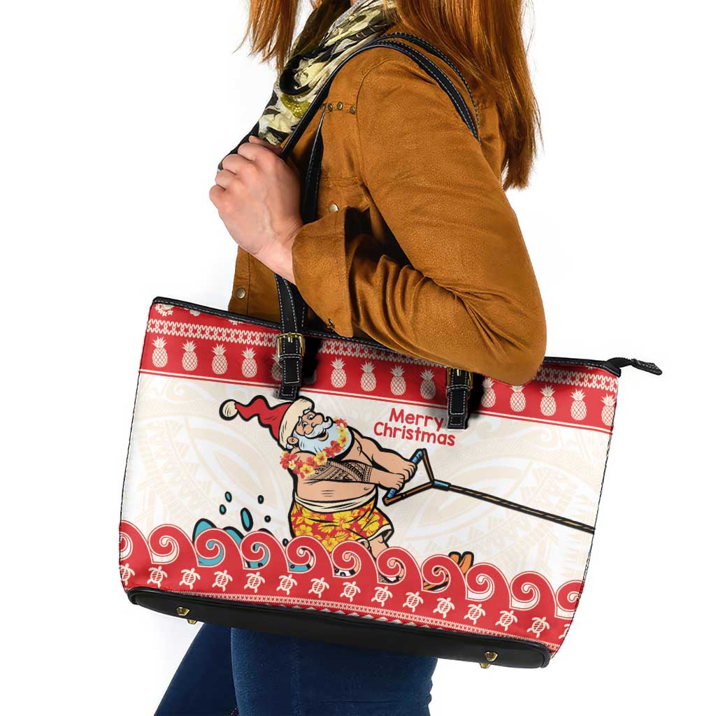 Mele Kalikimaka Hawaii Leather Tote Bag Water-skiing Santa Tropical Vibes LT14 Red - Polynesian Pride