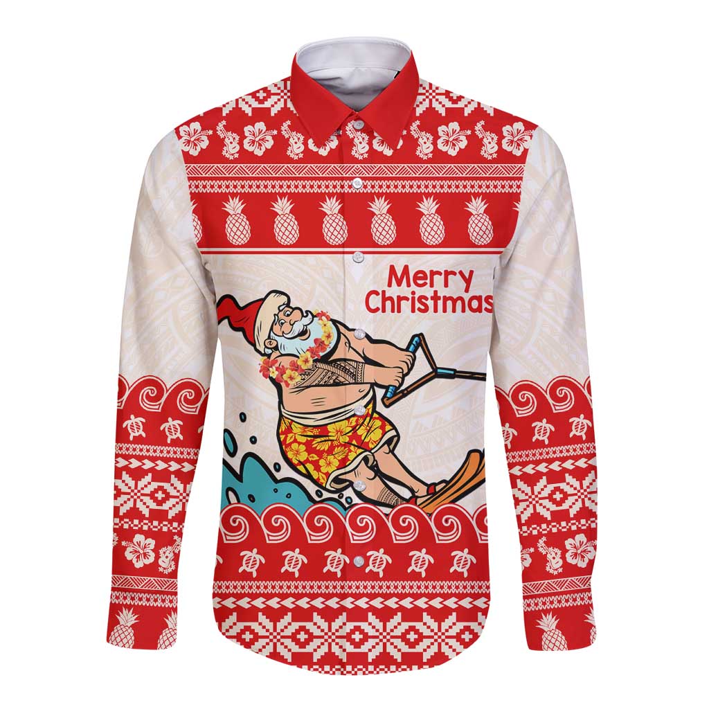 Mele Kalikimaka Hawaii Long Sleeve Button Shirt Water-skiing Santa Tropical Vibes