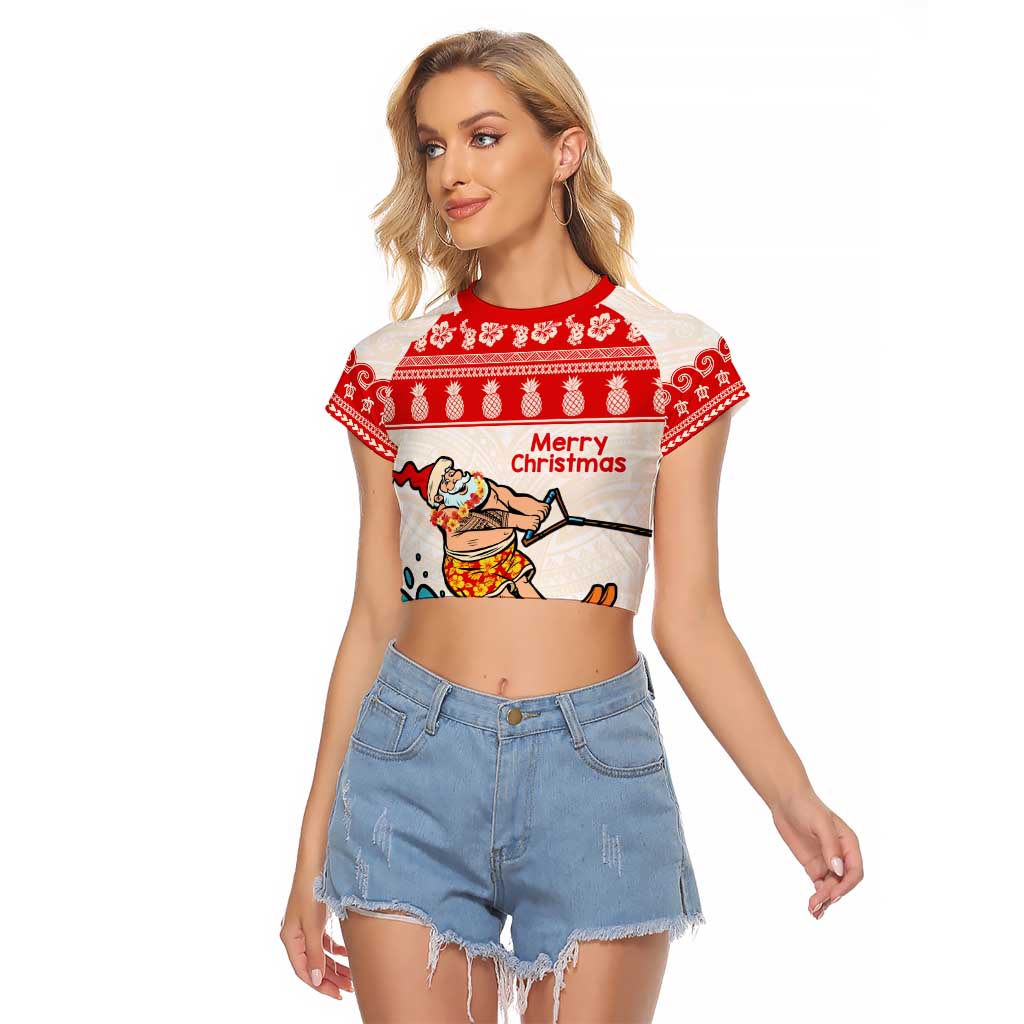 Mele Kalikimaka Hawaii Raglan Cropped T Shirt Water-skiing Santa Tropical Vibes LT14 Female Red - Polynesian Pride