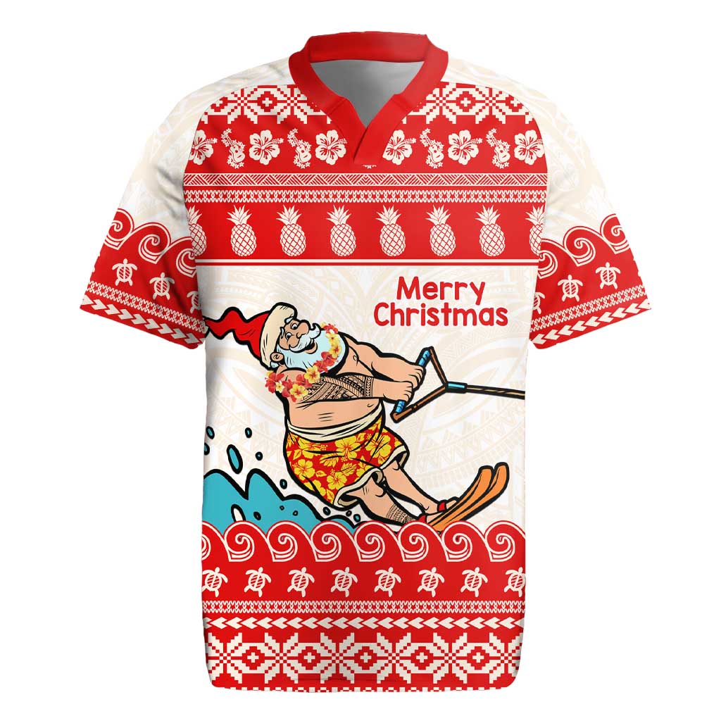 Mele Kalikimaka Hawaii Rugby Jersey Water-skiing Santa Tropical Vibes LT14 Red - Polynesian Pride