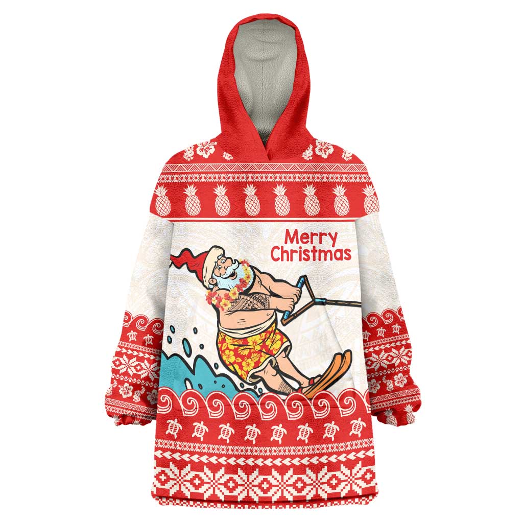 Mele Kalikimaka Hawaii Wearable Blanket Hoodie Water-skiing Santa Tropical Vibes LT14 One Size Red - Polynesian Pride