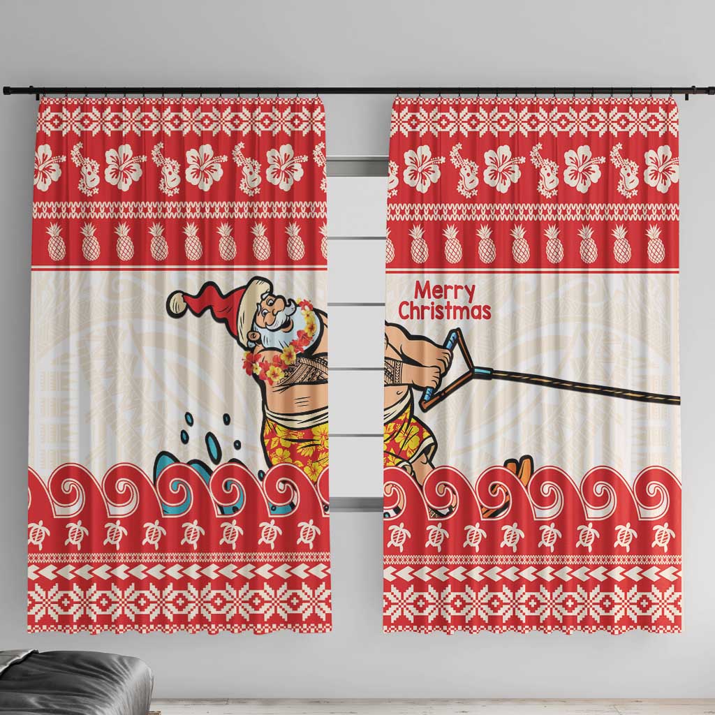 Mele Kalikimaka Hawaii Window Curtain Water-skiing Santa Tropical Vibes LT14 With Hooks Red - Polynesian Pride