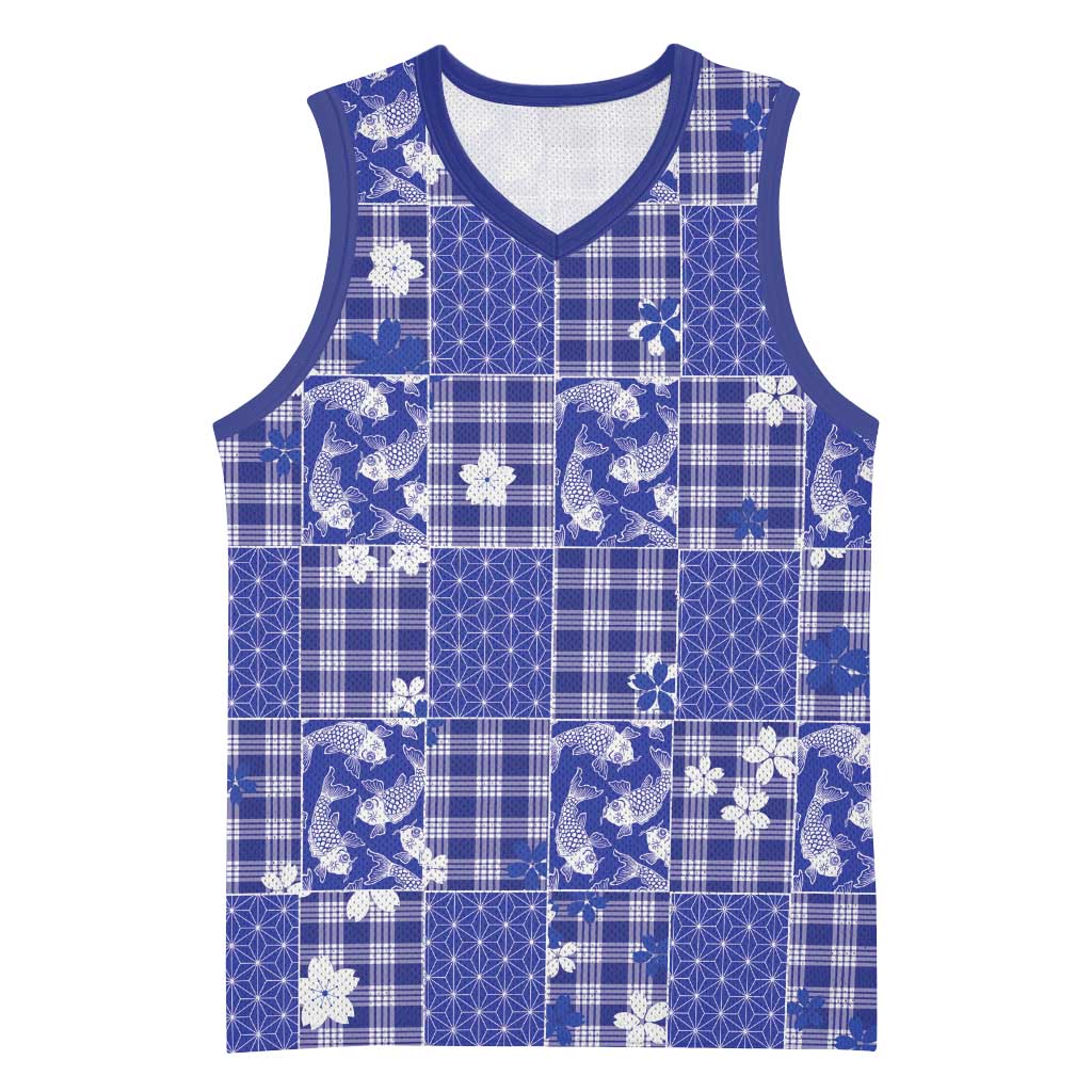 Blue Palaka Japanese Patterns Basketball Jersey Koi Fish Asanoha Sakura Patchwork Stylized LT14 Unisex Blue - Polynesian Pride