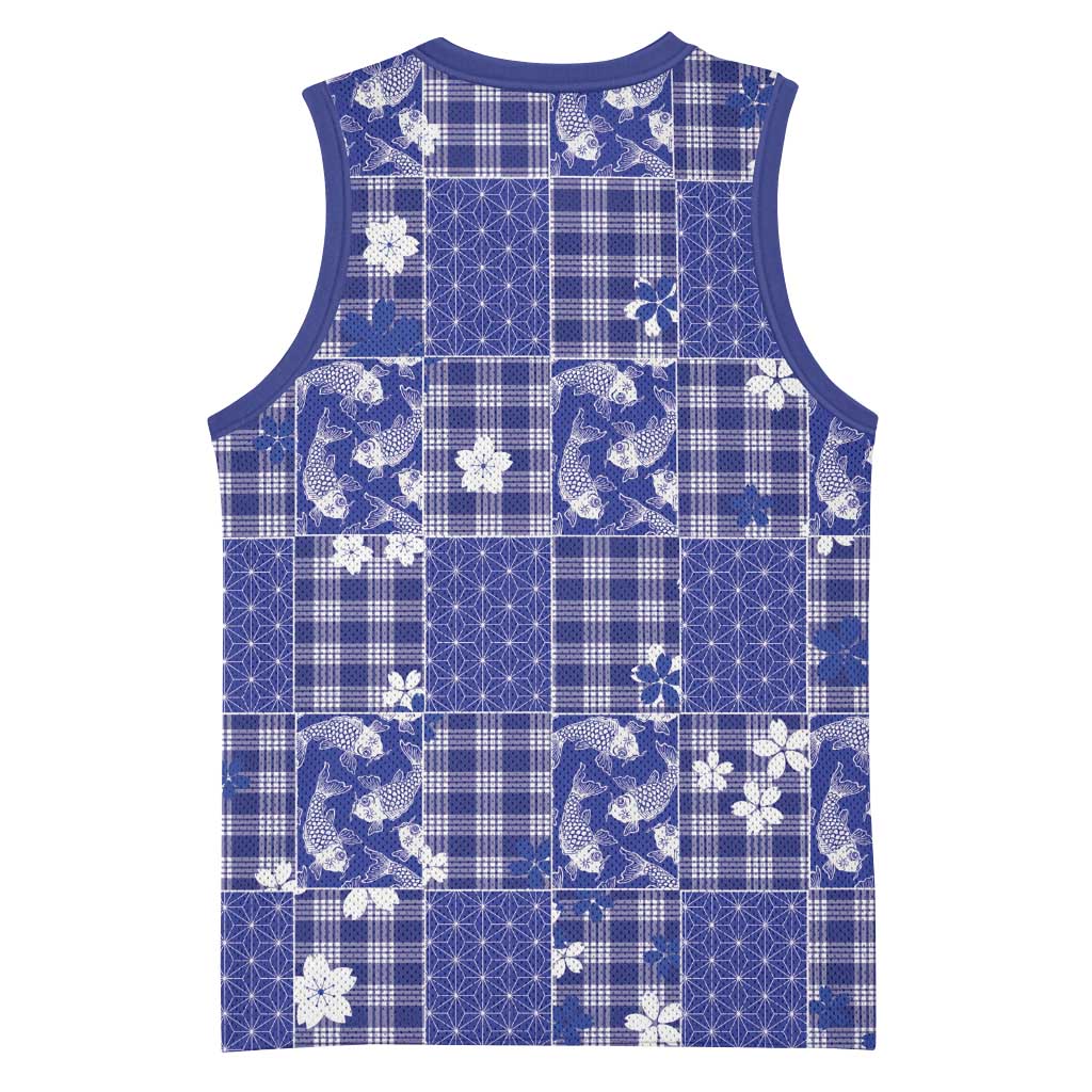 Blue Palaka Japanese Patterns Basketball Jersey Koi Fish Asanoha Sakura Patchwork Stylized LT14 - Polynesian Pride
