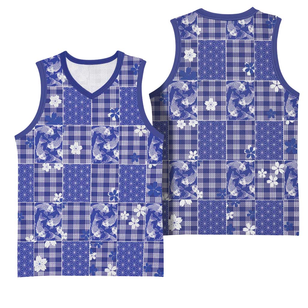 Blue Palaka Japanese Patterns Basketball Jersey Koi Fish Asanoha Sakura Patchwork Stylized LT14 - Polynesian Pride