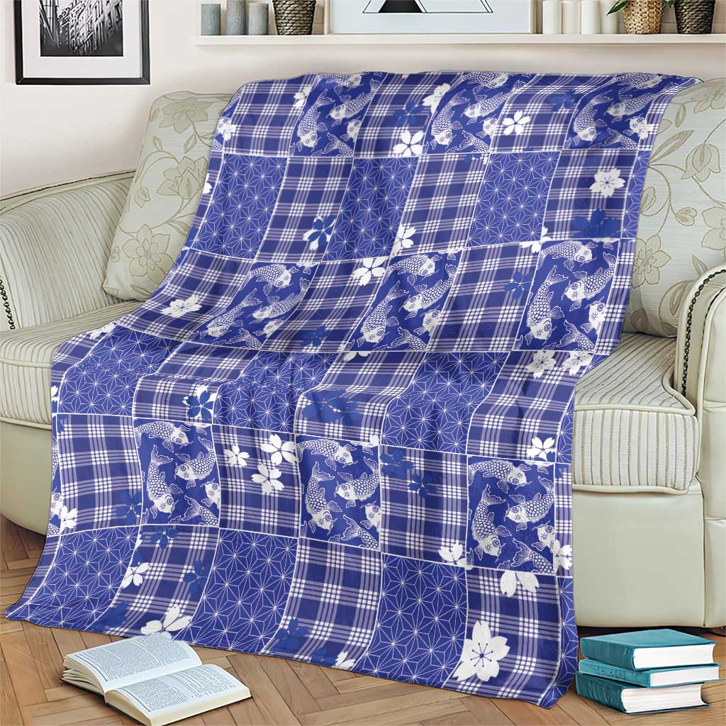 Blue Palaka Japanese Patterns Blanket Koi Fish Asanoha Sakura Patchwork Stylized - Polynesian Pride