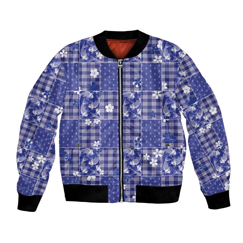 Blue Palaka Japanese Patterns Bomber Jacket Koi Fish Asanoha Sakura Patchwork Stylized - Polynesian Pride