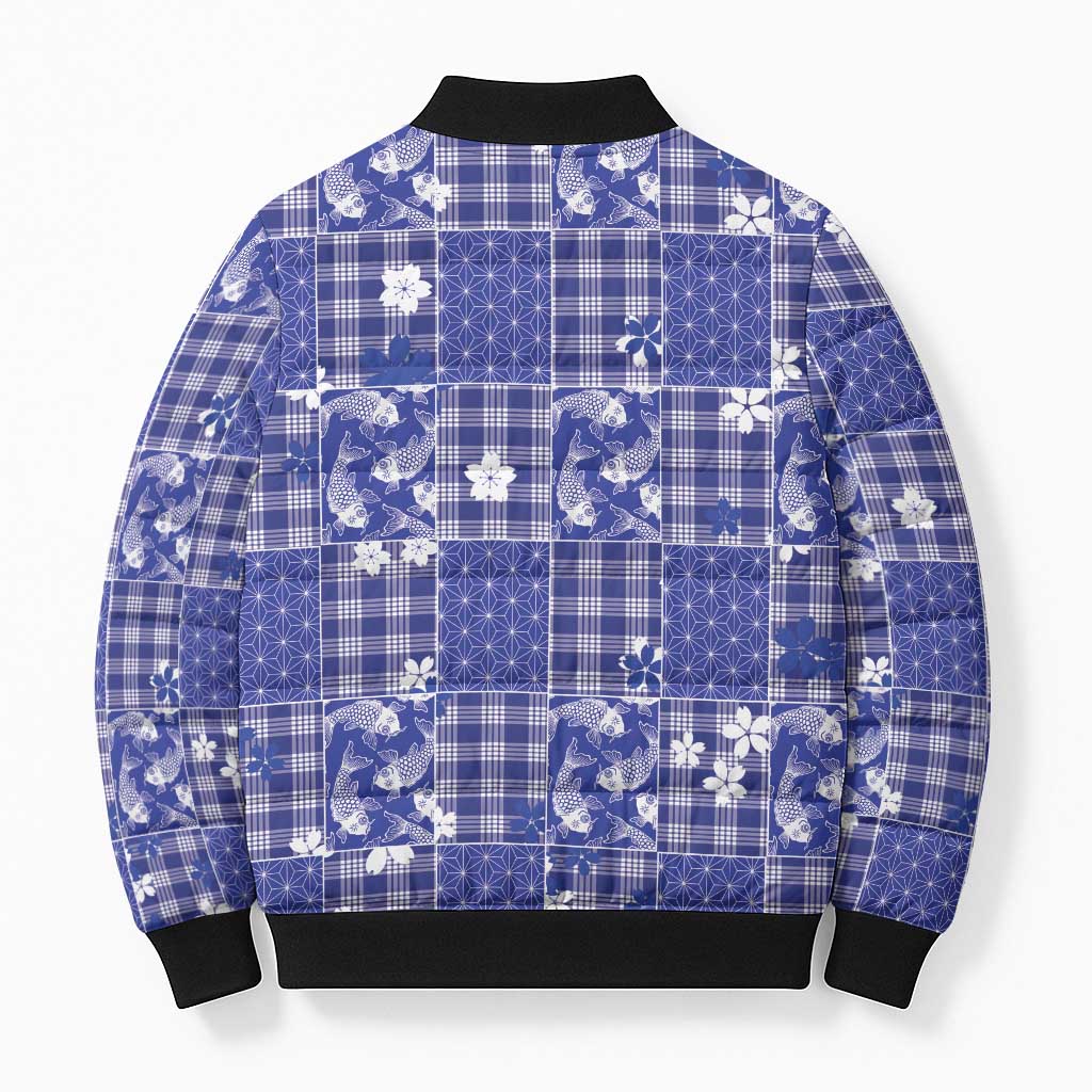 Blue Palaka Japanese Patterns Bomber Puffer Jacket Koi Fish Asanoha Sakura Patchwork Stylized LT14 - Polynesian Pride