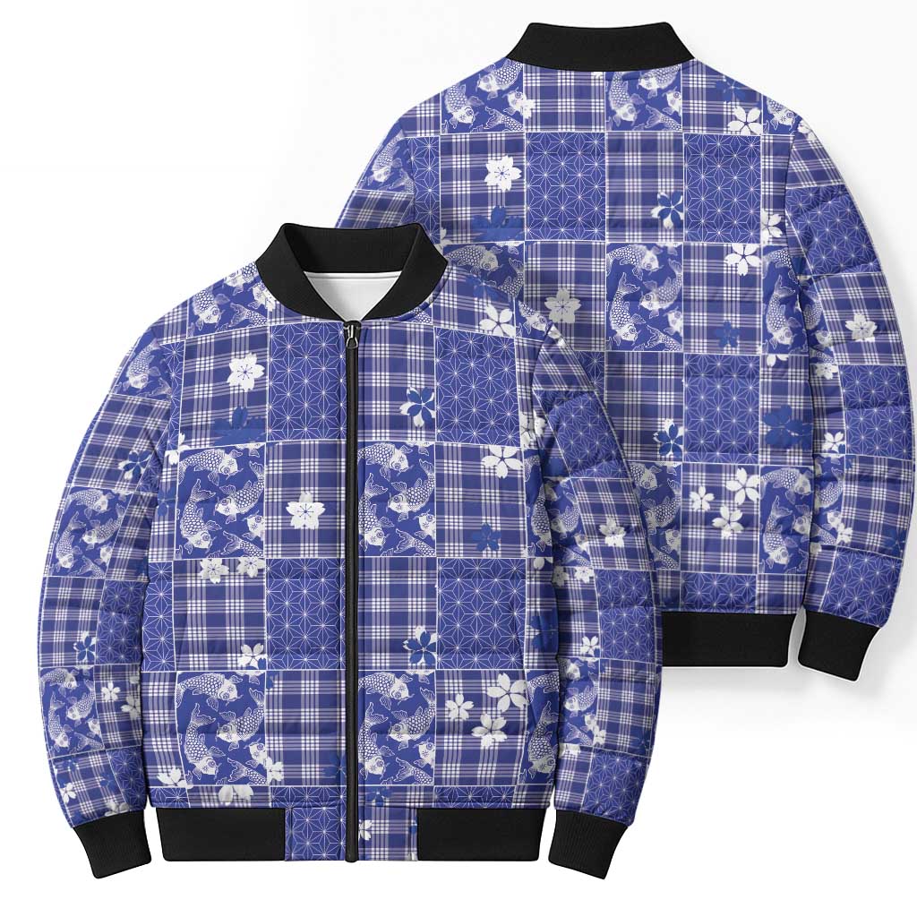 Blue Palaka Japanese Patterns Bomber Puffer Jacket Koi Fish Asanoha Sakura Patchwork Stylized LT14 - Polynesian Pride