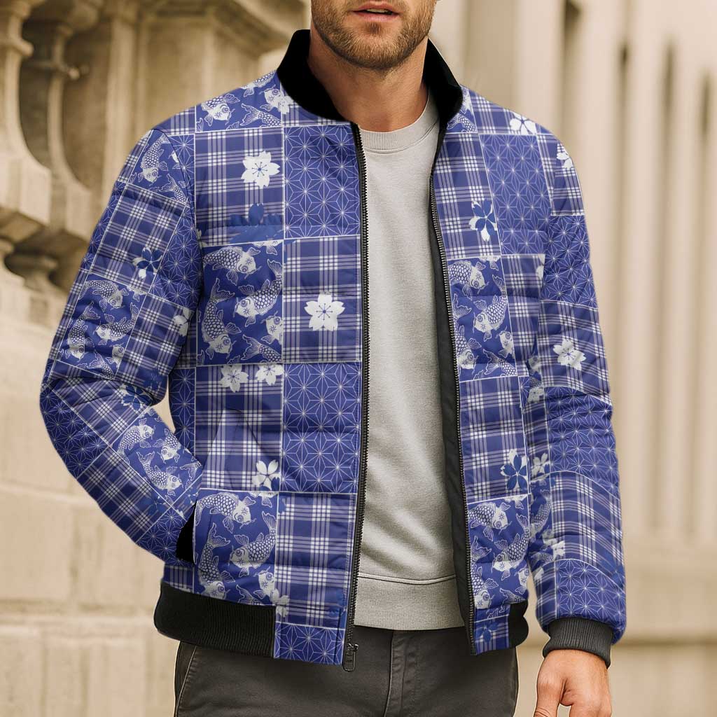 Blue Palaka Japanese Patterns Bomber Puffer Jacket Koi Fish Asanoha Sakura Patchwork Stylized LT14 - Polynesian Pride