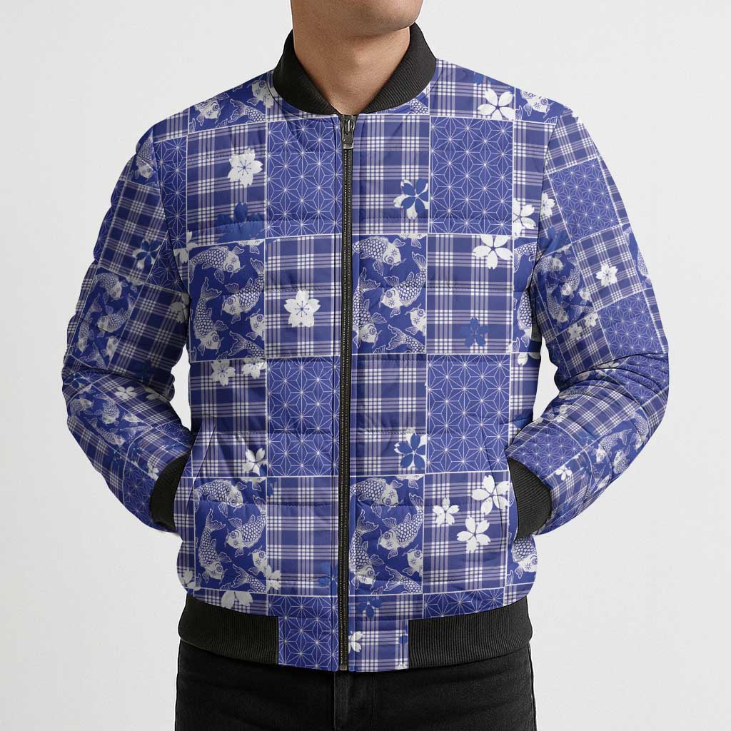 Blue Palaka Japanese Patterns Bomber Puffer Jacket Koi Fish Asanoha Sakura Patchwork Stylized LT14 - Polynesian Pride