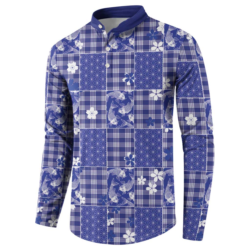 Blue Palaka Japanese Patterns Button Sweatshirt Koi Fish Asanoha Sakura Patchwork Stylized LT14 - Polynesian Pride