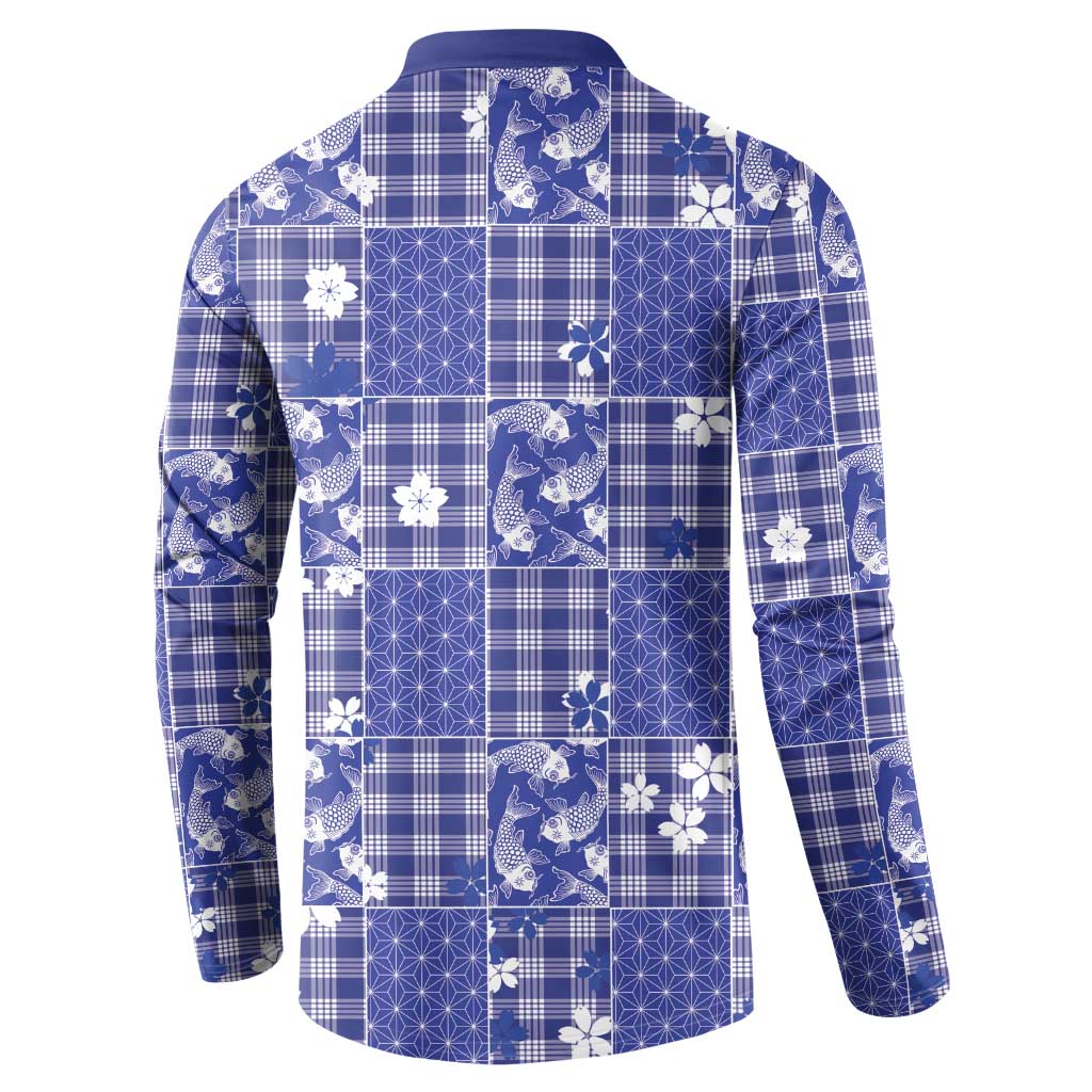 Blue Palaka Japanese Patterns Button Sweatshirt Koi Fish Asanoha Sakura Patchwork Stylized LT14 - Polynesian Pride