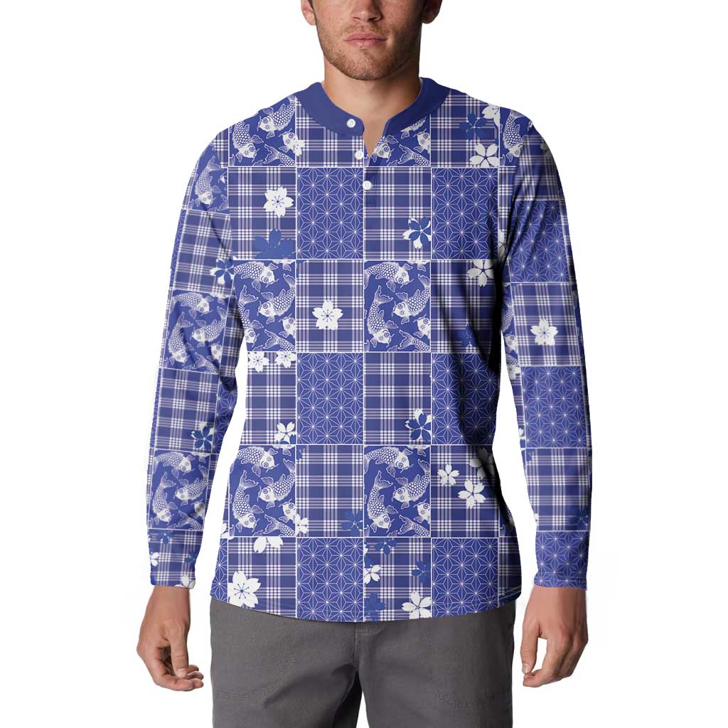 Blue Palaka Japanese Patterns Button Sweatshirt Koi Fish Asanoha Sakura Patchwork Stylized LT14 - Polynesian Pride