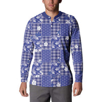 Blue Palaka Japanese Patterns Button Sweatshirt Koi Fish Asanoha Sakura Patchwork Stylized LT14 - Polynesian Pride