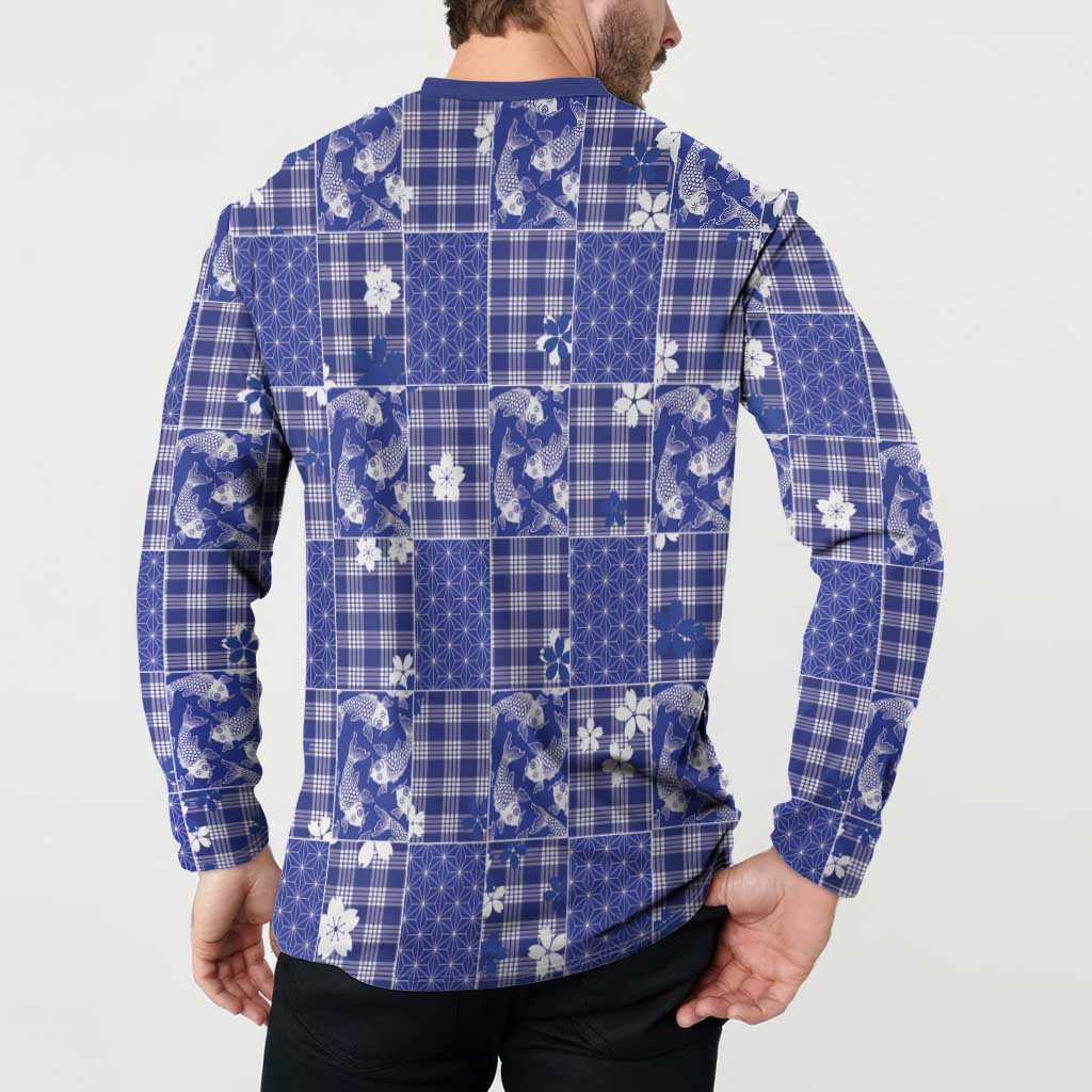 Blue Palaka Japanese Patterns Button Sweatshirt Koi Fish Asanoha Sakura Patchwork Stylized LT14 - Polynesian Pride