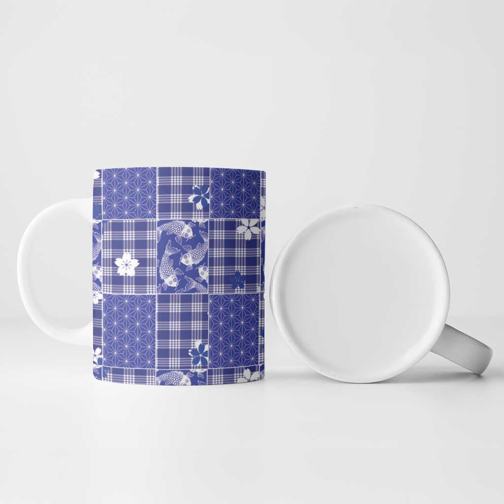 Blue Palaka Japanese Patterns Ceramic Mug Koi Fish Asanoha Sakura Patchwork Stylized - Polynesian Pride