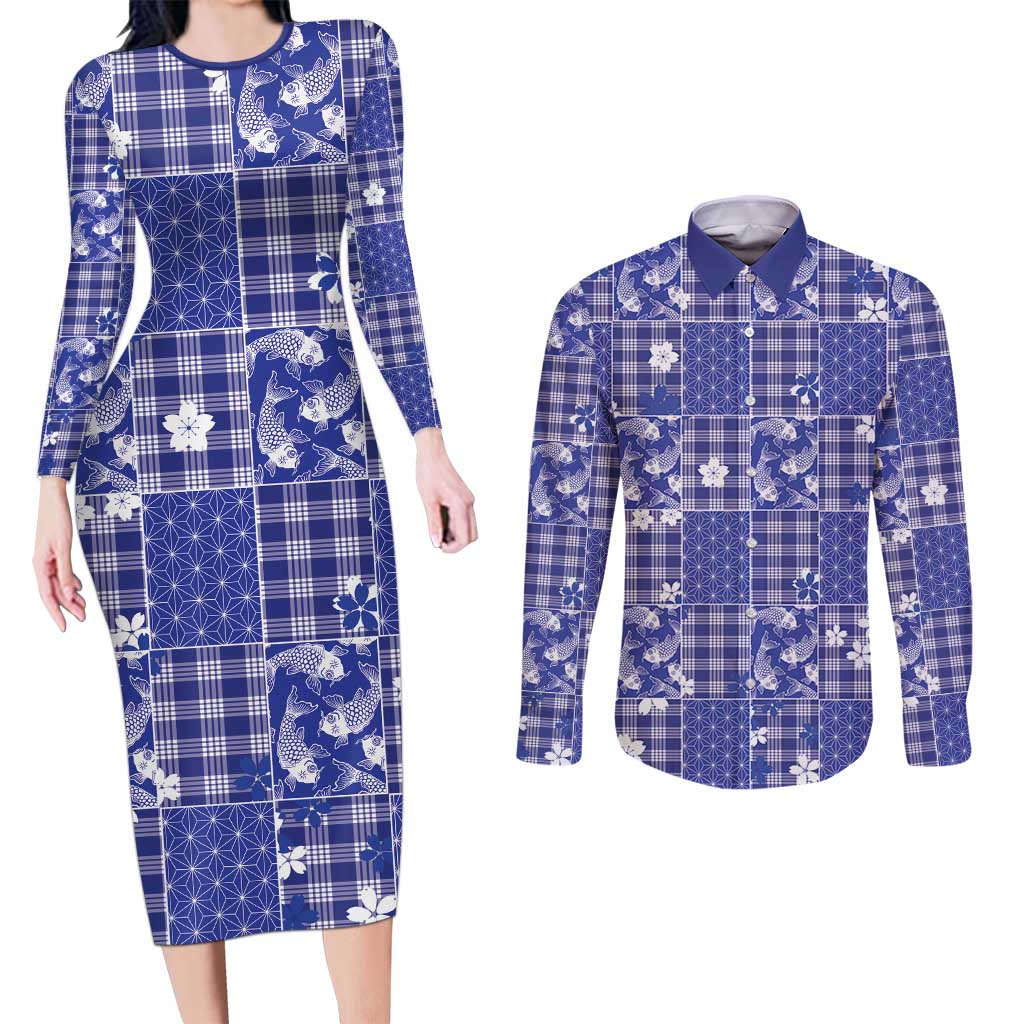 Blue Palaka Japanese Patterns Couples Matching Long Sleeve Bodycon Dress and Long Sleeve Button Shirt Koi Fish Asanoha Sakura Patchwork Stylized LT14 Blue - Polynesian Pride